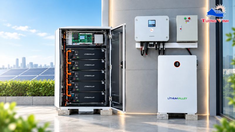 Cấu trúc bên trong của tủ pin lưu trữ với các khối pin Lithium chất lượng cao và bộ quản lý BMS thông minh.