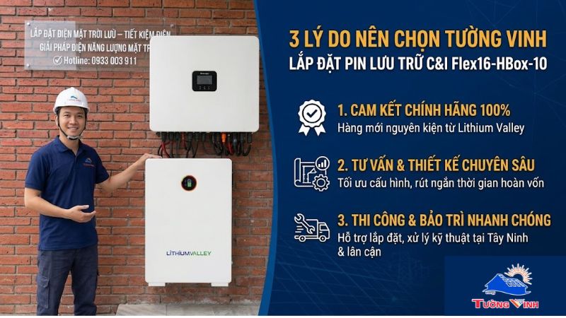 Đội ngũ kỹ sư Tường Vinh trực tiếp khảo sát và lắp đặt hệ thống pin lưu trữ C&I Flex16-HBox-10 chuyên nghiệp.
