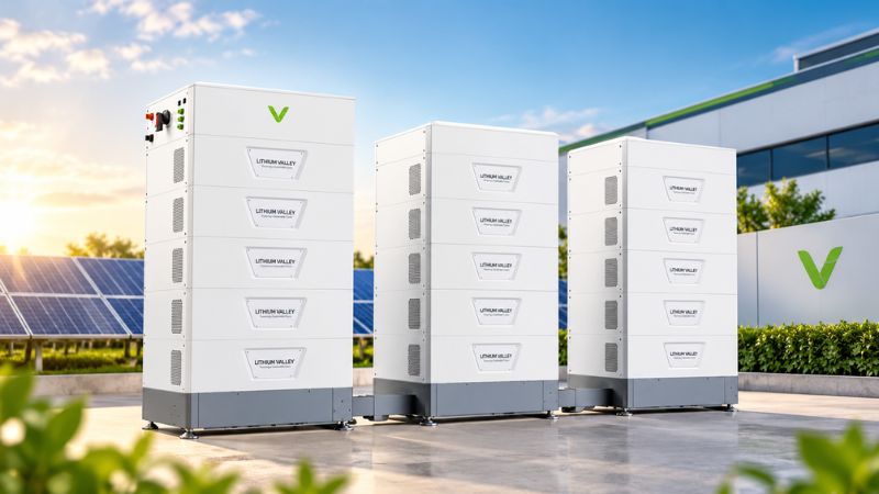 Thiết kế tủ pin lưu trữ điện mặt trời C&I Flex16-HBox-6 của hãng Lithium Valley chắc chắn, hiện đại và tiết kiệm diện tích