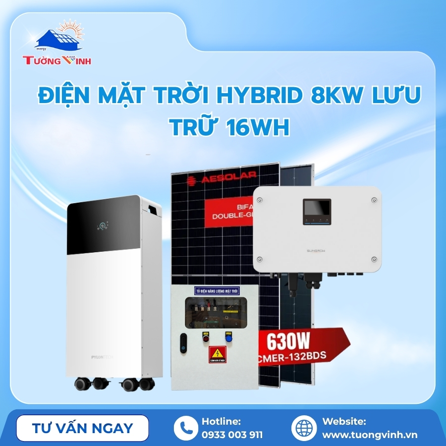 Điện Mặt Trời Hybrid 8kW Lưu Trữ 16kWh tiết kiệm 3tr5/tháng