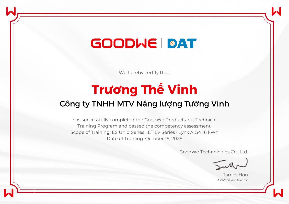 Chứng nhận đại lý đối tác GoodWe Tường Vinh Energy tại Tây Ninh