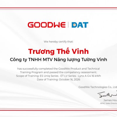 Chứng nhận đại lý đối tác GoodWe Tường Vinh Energy tại Tây Ninh