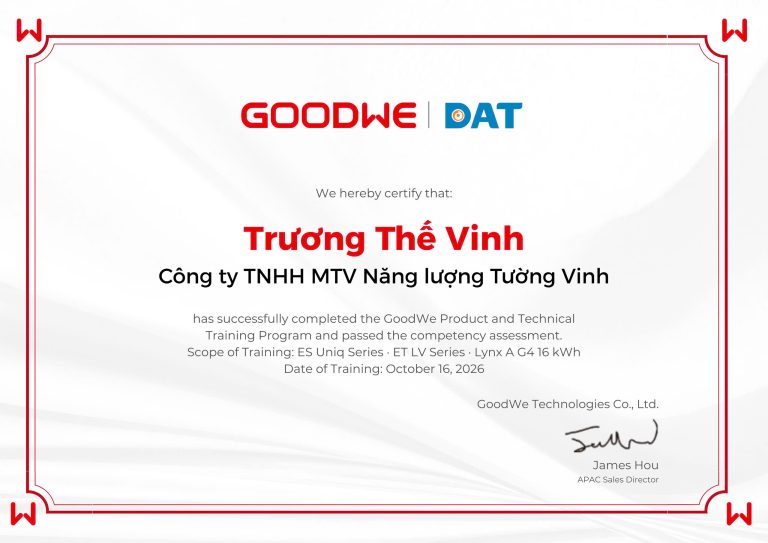 Chứng nhận đại lý đối tác GoodWe Tường Vinh Energy tại Tây Ninh